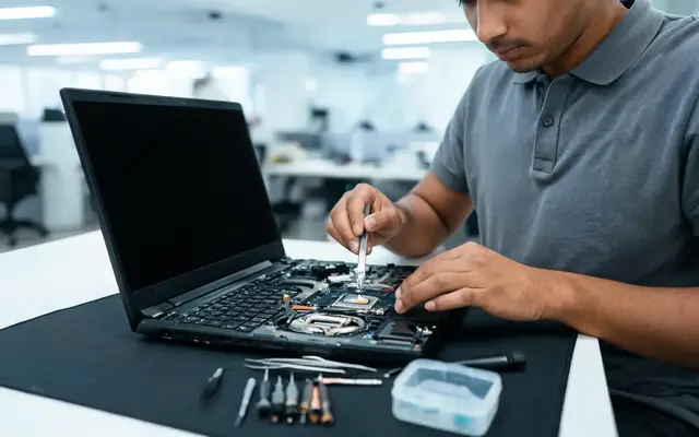 Técnico de informática trocando a pasta térmica de um notebook aberto numa bancada