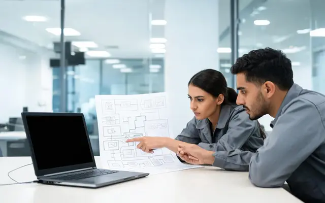 Duas pessoas revisando um projeto de infraestrutura de TI num notebook