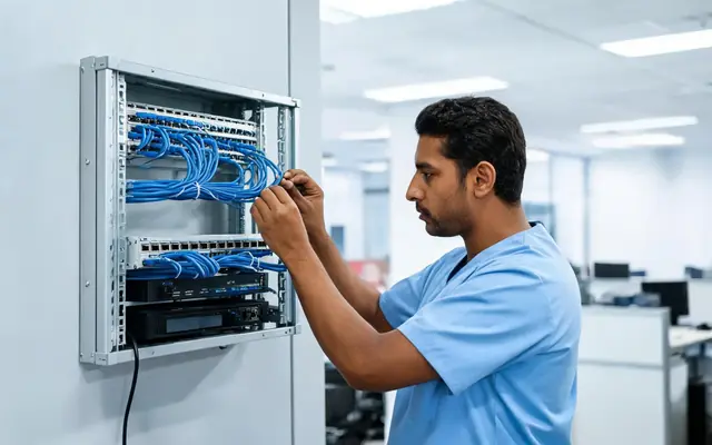 Técnico conferindo os cabos de rede de um rack de parede com switch e patch panel