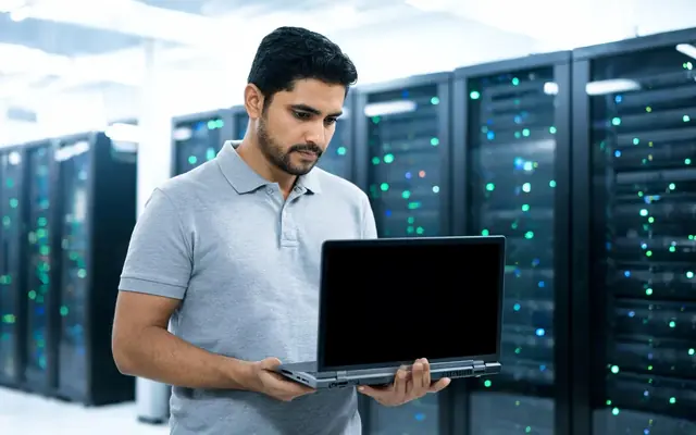 Técnico de TI com um notebook numa sala de servidores